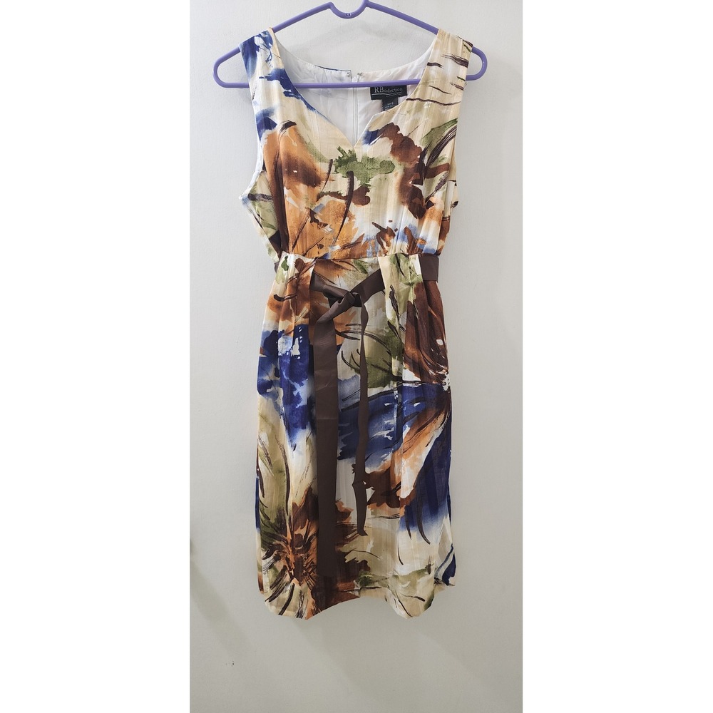 Robbie Bee RB Collection Floral Abstract Cotton V-Neck Belted Dress Brown Blue 8